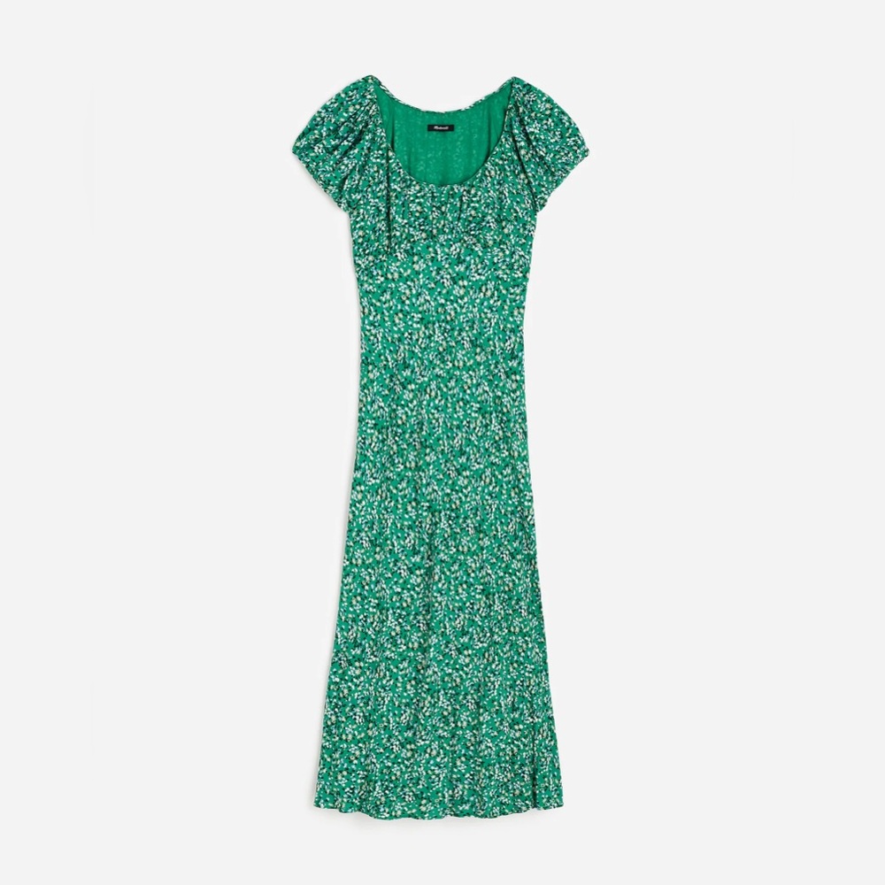 NWT MaRuched Scoopneck Midi Dress Green Floral Sz 10 bottom 8” shredded dress - Picture 5 of 13